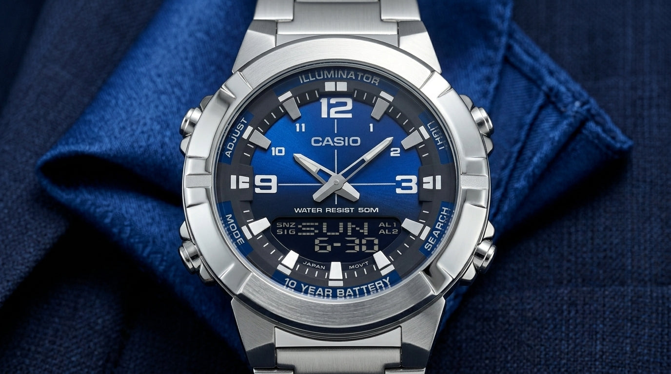 Reloj CASIO Analógico - Digital con Batería 10 Años Acero Fondo Azul